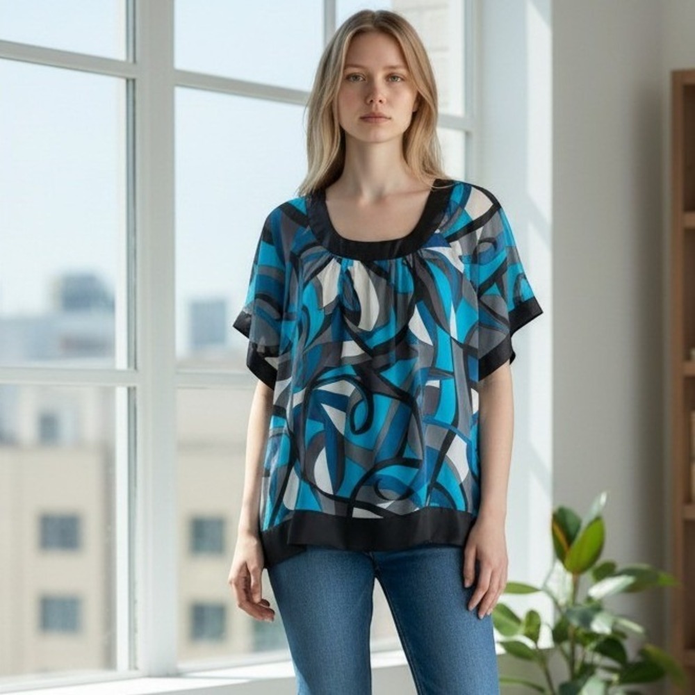 Y2K Capacity Womens 2X Abstract Swirl Print Chiffon SHEER Tunic Top Blue Black